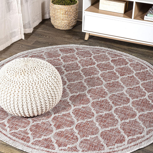 Eyely BMS109C-3R Santa Monica Trebol Moroccan Trellis Textured Weave, Pet Friendly, Non-Shedding, Stain Resistant, Easy-Cleaning, Red/Beige, 3' Round, Indoor/Outdoor, Area Rug
