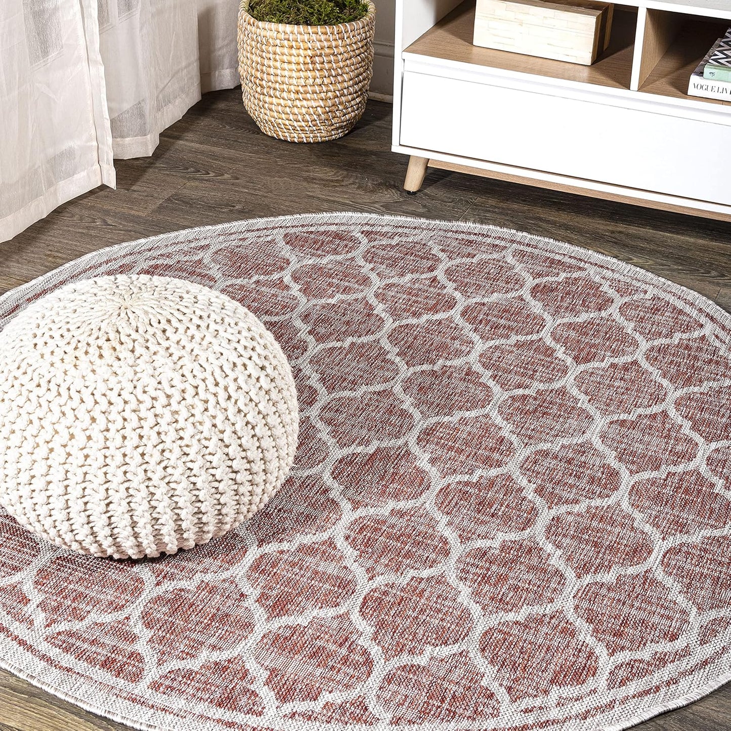 Eyely BMS109C-4R Santa Monica Trebol Moroccan Trellis Textured Weave, Pet Friendly, Non-Shedding, Stain Resistant, Easy-Cleaning, Red/Beige, 4' Round, Indoor/Outdoor, Area Rug