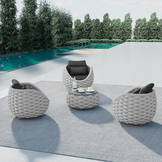 Balcony Furniture Set for Apartments: 4 Pieces Aluminum Woven Rope Patio Conversation Set - Modern Cushioned Lounge Chair Set - Assembled Porch Armchair for 400lbs Garden Lanai Poolsides Hotel