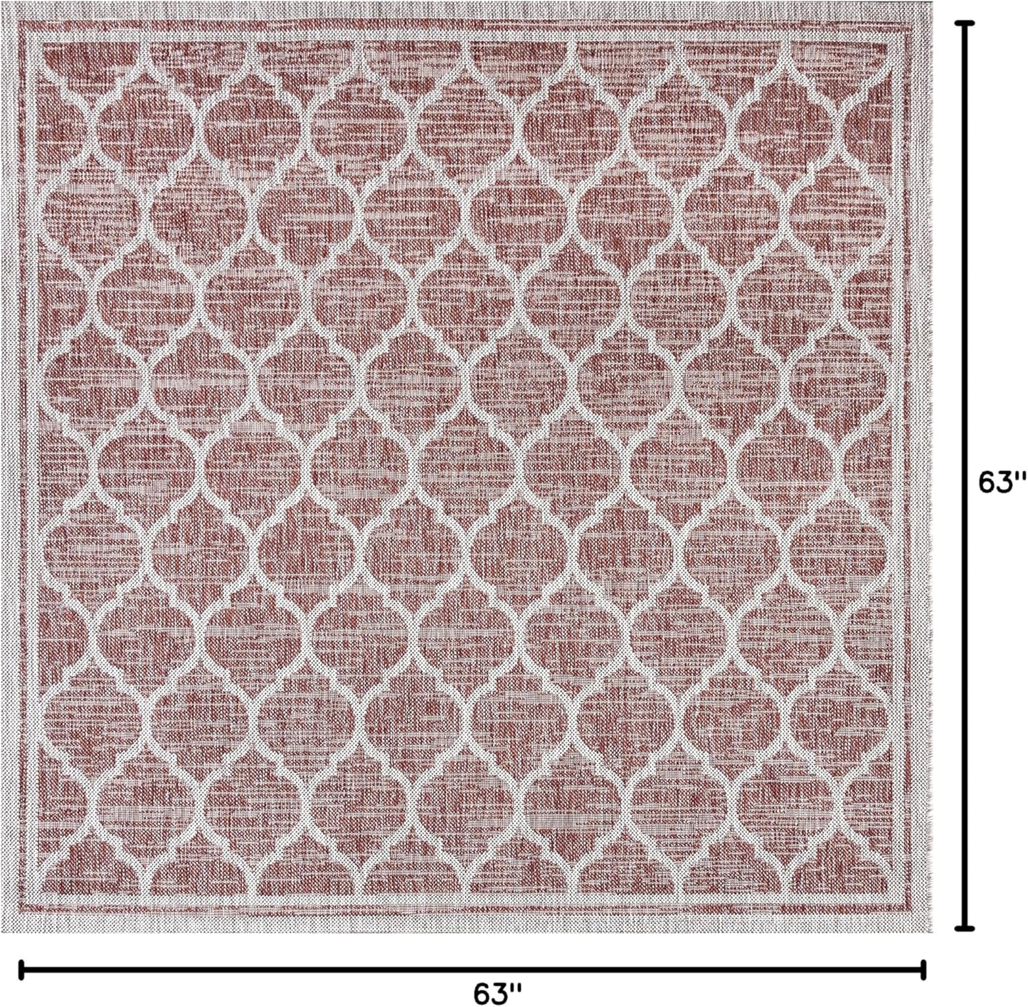 Eyely BMS109C-5SQ Santa Monica Trebol Moroccan Trellis Textured Weave Indoor/Outdoor Area Rug Coastal;Bohemian, Bedroom, Backyard, Patio, Easy-Cleaning, Non-Shedding, 5' Square, Red/Beige