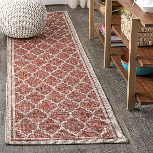 Eyely BMS109C-28 Santa Monica Trebol Moroccan Trellis Textured Weave Indoor/Outdoor Runner Rug Coastal;Bohemian, Bedroom, Backyard, Patio, Easy-Cleaning, Non-Shedding, 2 X 8, Red/Beige