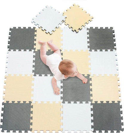meiqicool Foam Play Mat Thick Soft EVA Interlocking Foam Floor Mats Children Yoga Exercise Multi Jigsaw Puzzle Blocking Board Kids Playmats Play White-Beige-Grey 18 Piece AJL