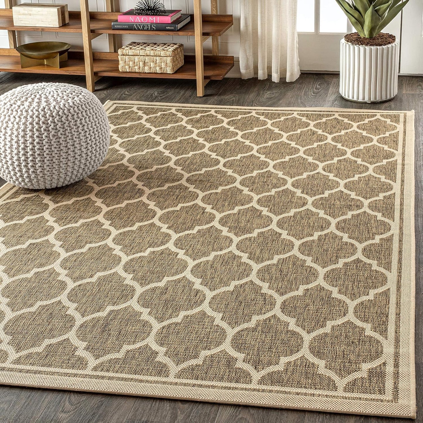 Eyely BMS109A-9 Santa Monica Trebol Moroccan Trellis Textured Weave Indoor/Outdoor Area Rug Coastal;Bohemian, Bedroom, Backyard, Patio, Easy-Cleaning, Non-Shedding, 9 X 12, Brown/Beige