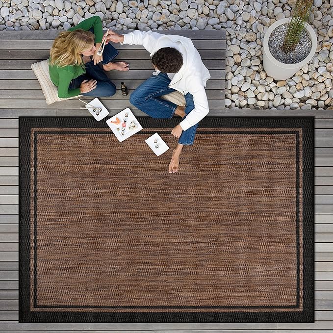 CAMILSON Indoor Outdoor Rug, 9x12 Bordered Nut Brown Black Modern Area Rugs for Indoor and Outdoor Patios, Kitchen and Hallway Mats, Washable Porch Deck Outside Carpet (Border Nut Brown Black, 9 x 12)