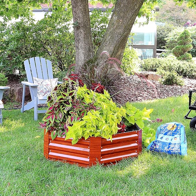 Sunnydaze 11.75" H Raised Metal Garden Bed - Galvanized Raised Garden Bed Outdoor for Vegetables and Flowers - Woodgrain - Hexagon