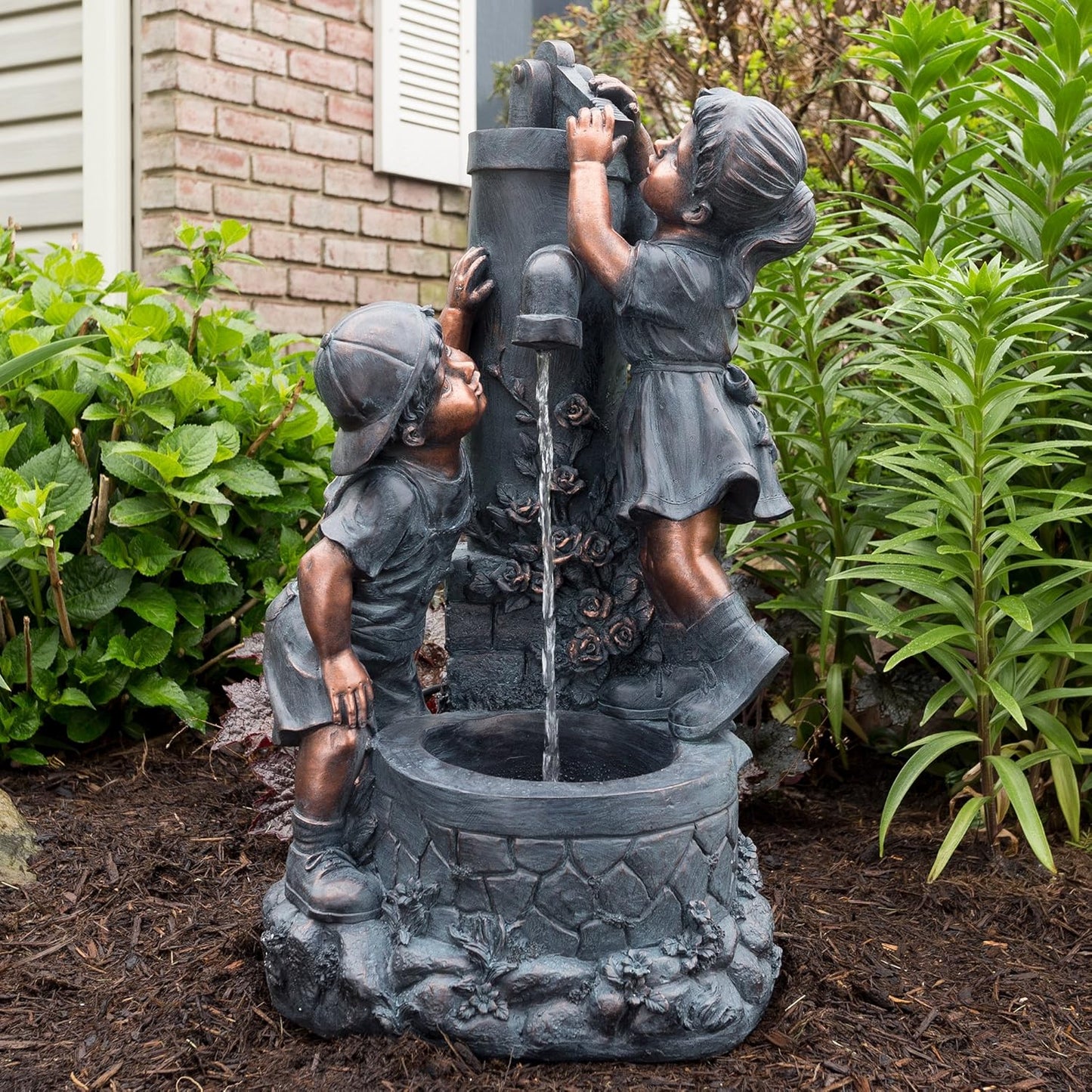 Go Yard Boy and Girl Water Outdoor Fountain