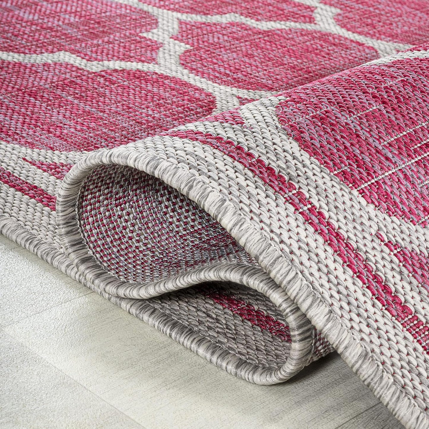 Eyely BMS109H-28 Santa Monica Trebol Moroccan Trellis Textured Weave Indoor/Outdoor Runner Rug Coastal;Bohemian, Bedroom, Backyard, Patio, Easy-Cleaning, Non-Shedding, 2 X 8, Fuchsia/Light Gray
