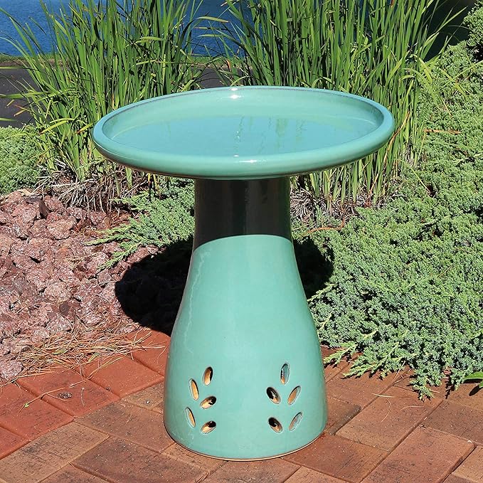 Sunnydaze 21" H Ceramic Bird Bath for Outside - Hand-Painted Outdoor Bird Bath Bowl, UV/Frost-Resistant Finish - Seafoam - Cut Out Pedestal