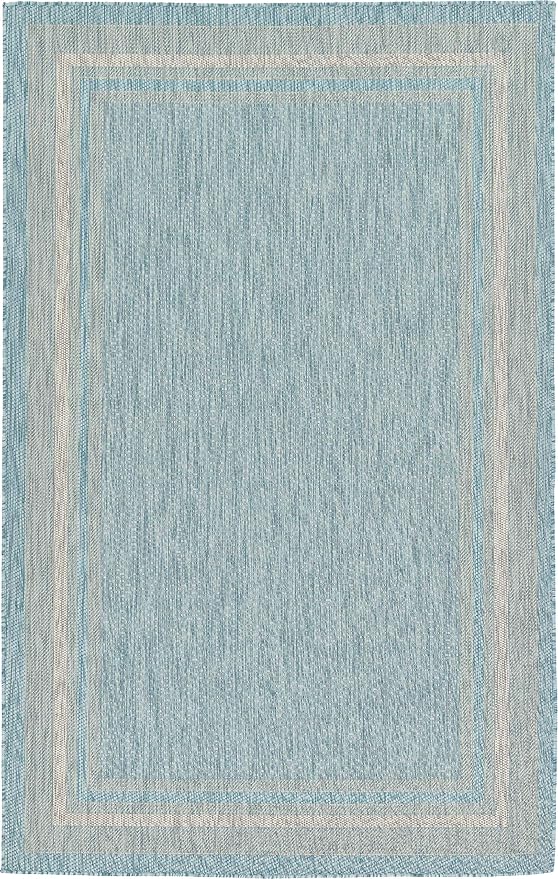 Unique Loom Outdoor Border Collection Area Rug - Soft Border (5' 1" x 8' Rectangle, Aquamarine/ Ivory)