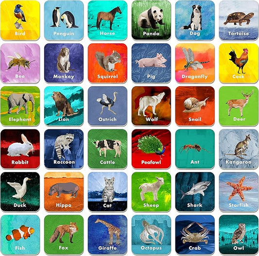 Hebayy 36 Pair Animal Matching Game Flash Cards Erasable (Each Measures 2” X 2”)