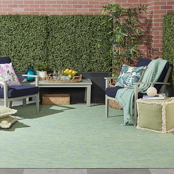 Nourison Positano Indoor/Outdoor Blue/Green 8' x Round Area Rug, Easy Cleaning, Non Shedding, Bed Room, Living Room, Dining Room, Backyard, Deck, Patio (8 Round)