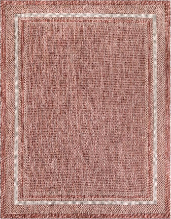 Unique Loom Outdoor Border Collection Area Rug - Soft Border (7' 10" x 10' Rectangle Rust Red/Ivory)