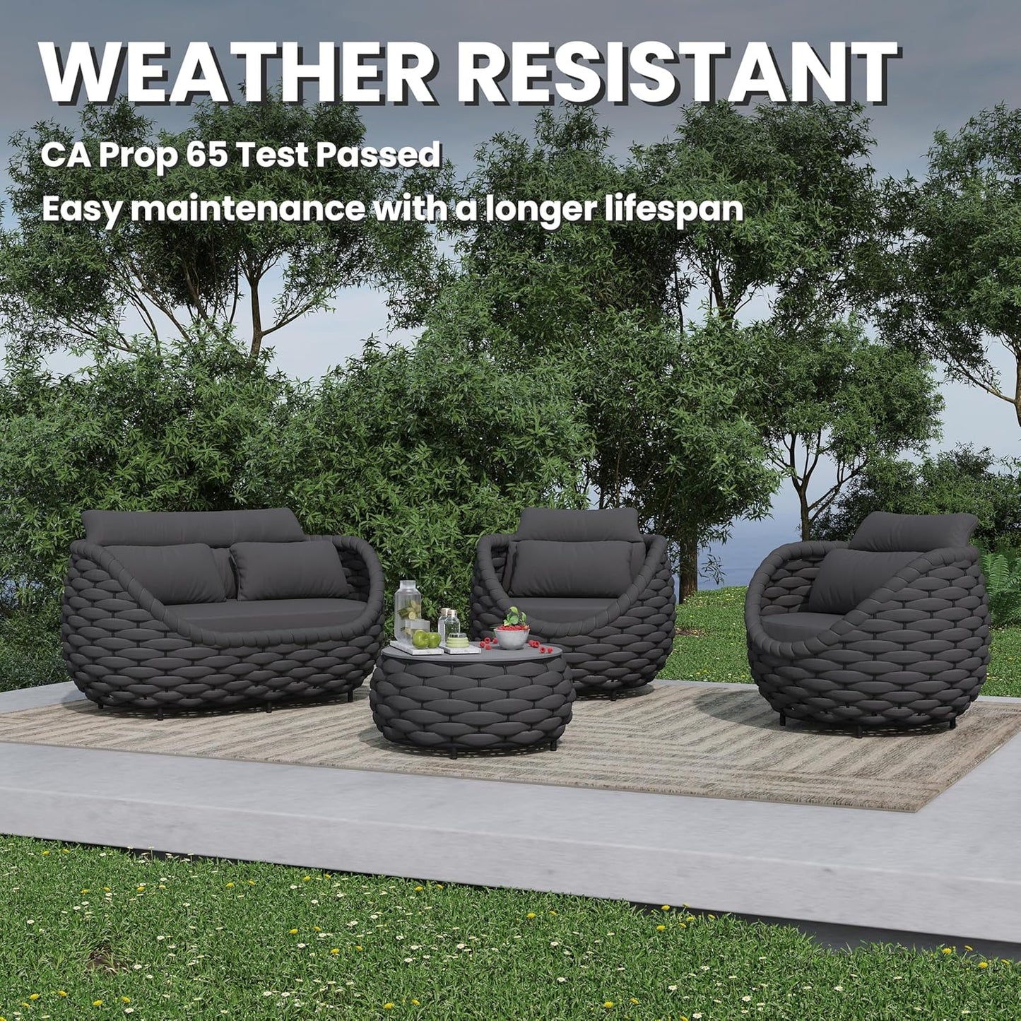 4 Pieces Outdoor Patio Furniture Set, All Weather Textilene Patio Conversation Set Patio Sofa and Loveseat Set with Table Cushions for Bistro Poolside Garden Backyard Hotel - Dark Gray