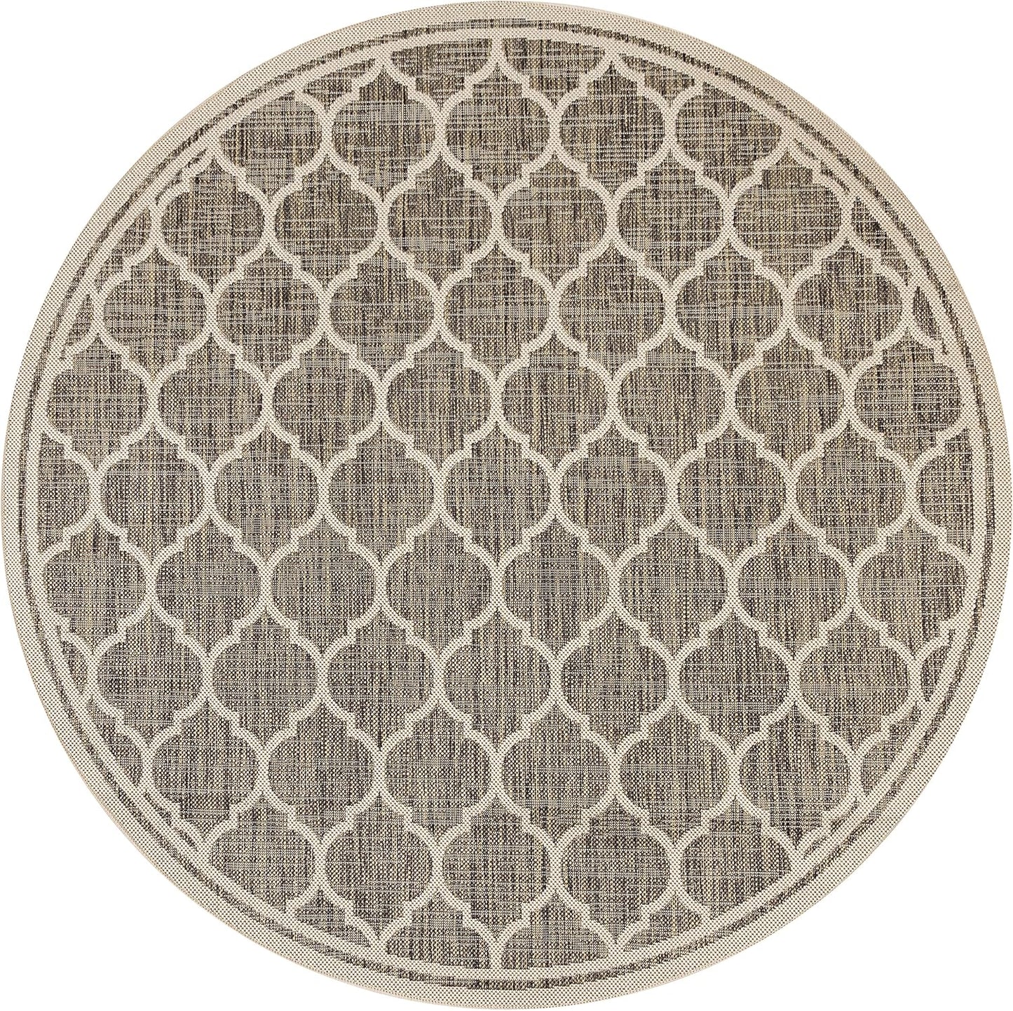 Eyely BMS109A-5R Santa Monica Trebol Moroccan Trellis Textured Weave Indoor/Outdoor Area Rug Coastal;Bohemian, Bedroom, Backyard, Patio, Easy-Cleaning, Non-Shedding, 5' Round, Brown/Beige