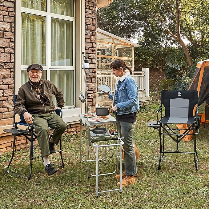 EVER ADVANCED Portable 30.7" Seat Height Tall Folding Chair Directors Chair High Foldable Bar Stool with Side Table for Makeup Artist, Camping, Sports Event, Craft Show, Supports 350LBS Blue Grey