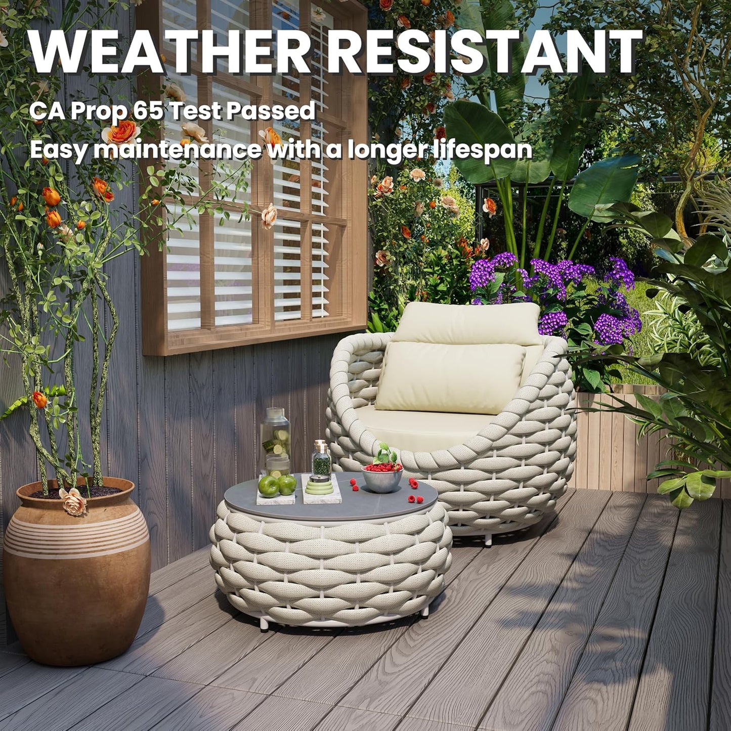 Woven Rope Patio Chair and Table Set: 2 Pieces Aluminum Front Porch Furniture Set - Assembled Outdoor Deck Lounge Armchair Set Cushioned - for 400 lbs Balcony Pool Yard Garden Hotel Lanai, Beige