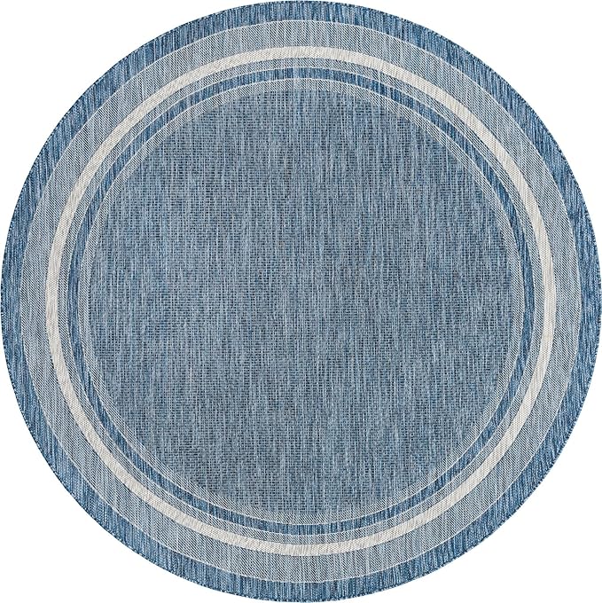 Unique Loom Outdoor Border Collection Area Rug - Soft Border (7' 10" Round, Blue/ Ivory)
