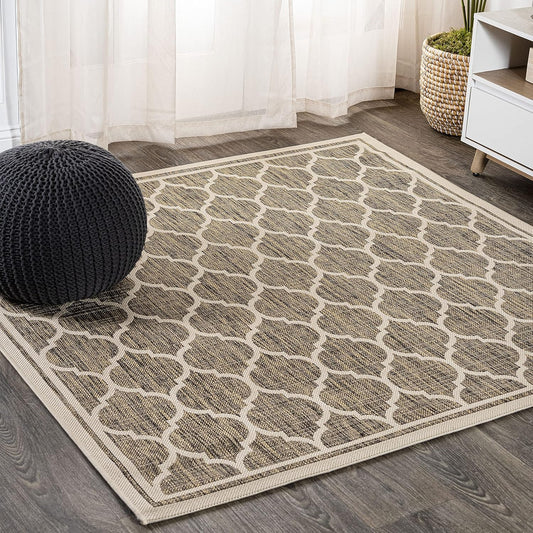 Eyely BMS109A-6SQ Santa Monica Trebol Moroccan Trellis Textured Weave, Pet Friendly, Non-Shedding, Stain Resistant, Easy-Cleaning, Brown/Beige, 6' Square, Indoor/Outdoor, Area Rug