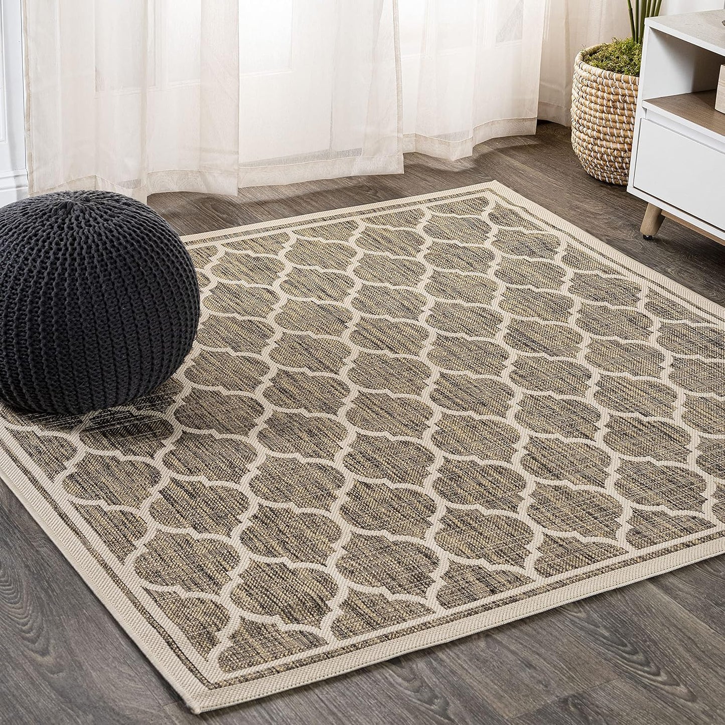Eyely BMS109A-4SQ Santa Monica Trebol Moroccan Trellis Textured Weave, Pet Friendly, Non-Shedding, Stain Resistant, Easy-Cleaning, Brown/Beige, 4' Square, Indoor/Outdoor, Area Rug