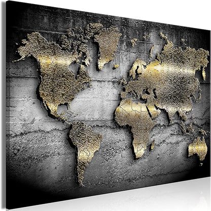 artgeist Textured Canvas Wall Art World map 24x16 in - 1pcs Painting Canvas Prints Picture Artwork Image Framed Contemporary Modern Photo Wall Home map Continents Black k-A-0498-b-a