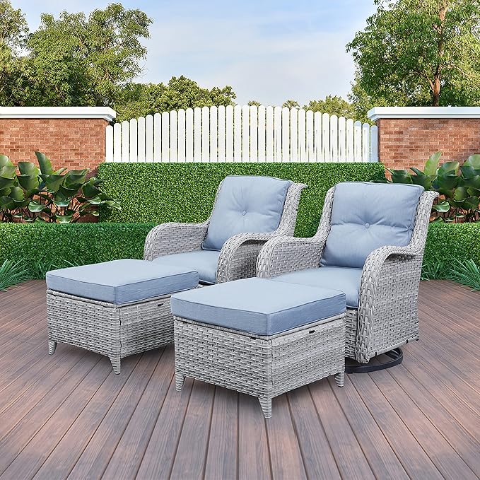 Wicker Outdoor Furniture Patio Furniture Set - 6 Piece Patio Conversation Set with Swivel Rocker Chairs, Rattan Sofa, Ottomans and Coffee Table, Baby Blue Cushion