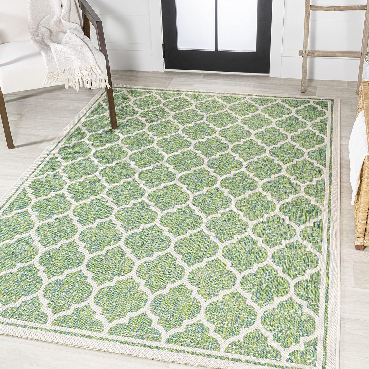 Eyely BMS109I-3 Santa Monica Trebol Moroccan Trellis Textured Weave Indoor/Outdoor Area Rug Coastal;Bohemian, Bedroom, Backyard, Patio, Easy-Cleaning, Non-Shedding, 3 X 5, Cream/Green