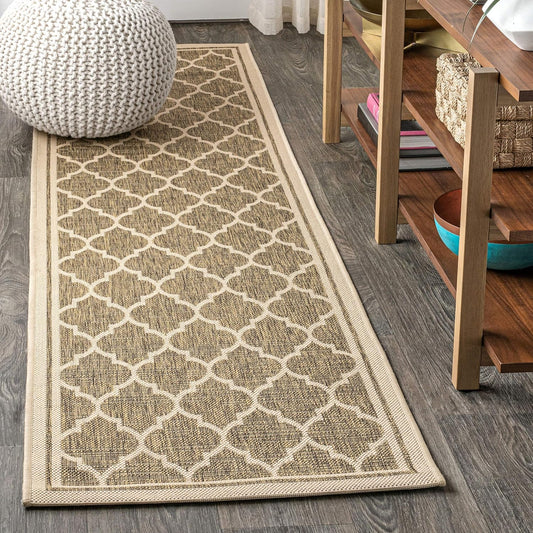 Eyely BMS109A-28 Santa Monica Trebol Moroccan Trellis Textured Weave Indoor/Outdoor Runner Rug Coastal;Bohemian, Bedroom, Backyard, Patio, Easy-Cleaning, Non-Shedding, 2 X 8, Brown/Beige