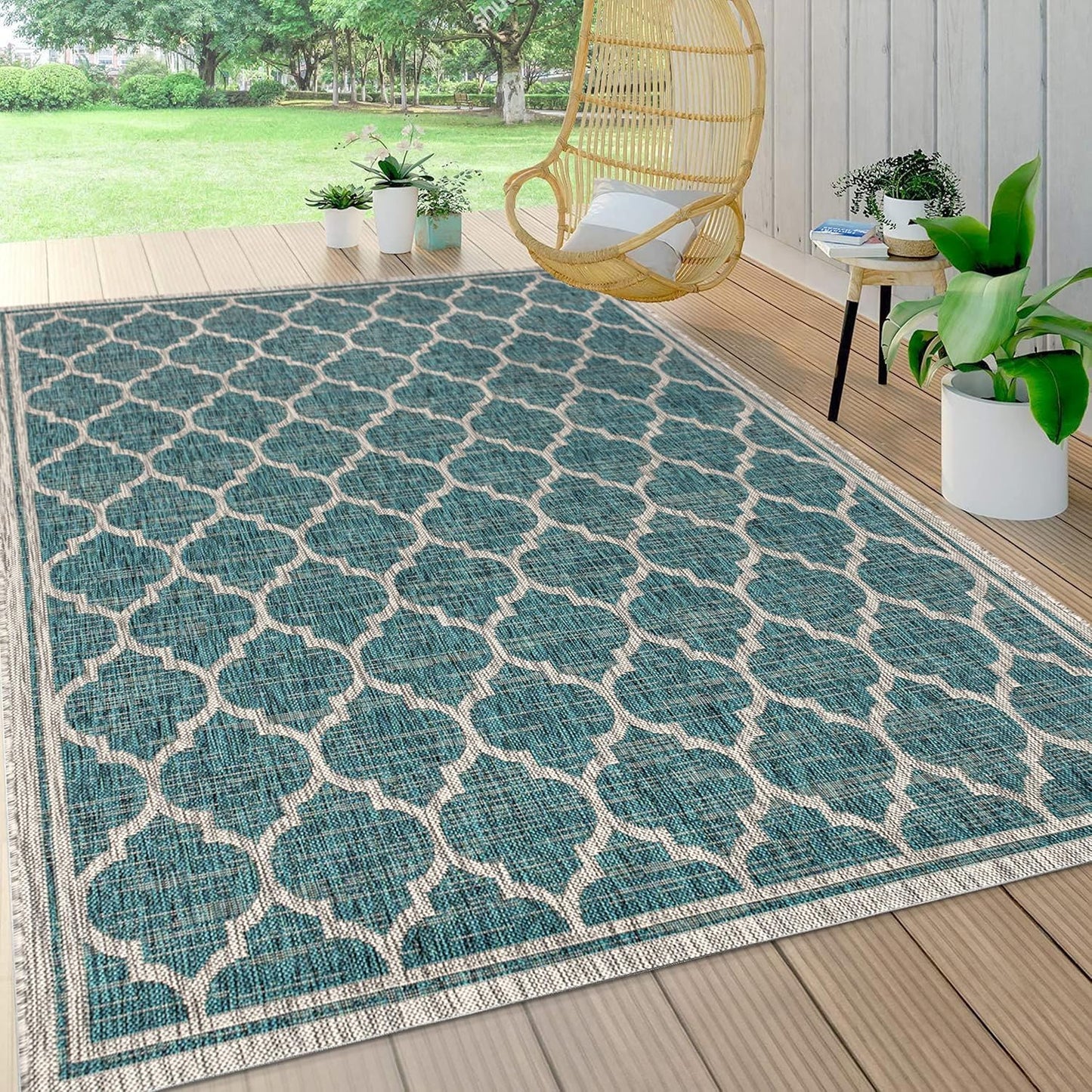 Eyely BMS109E-9 Santa Monica Trebol Moroccan Trellis Textured Weave Indoor/Outdoor Area Rug Coastal;Bohemian, Bedroom, Backyard, Patio, Easy-Cleaning, Non-Shedding, 9 X 12, Teal/Gray