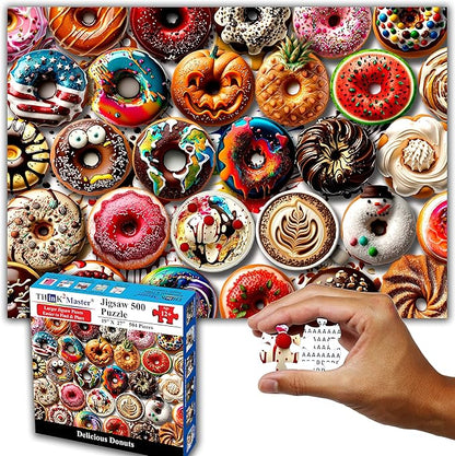 Think2Master Donuts 500 Pieces Jigsaw Puzzle. Perfect White Elephant Gag Gift. Fun for Teens, Seniors & Families. Great Gift for Kids Ages 13+. Size: 26.8” x 18.9”