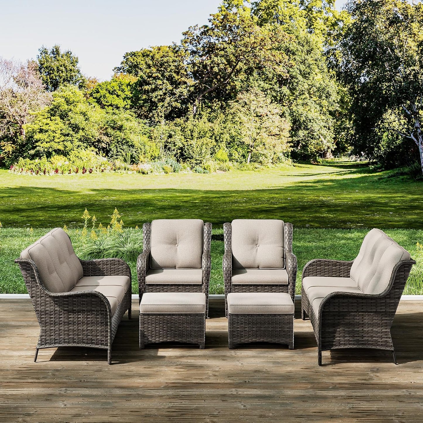 Joyside Patio Furniture Set 6 Pieces - Outdoor Rattan Furniture Set with 2 Armchairs, 2 Couch and 2 Ottomans, Olefin Cushions Included(Mixed Grey/Beige)
