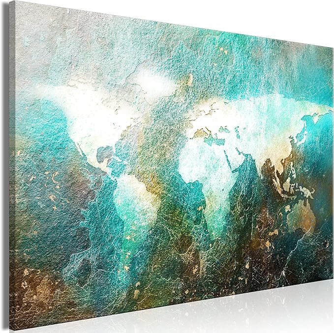 artgeist Textured Canvas Wall Art World Map 24x16 in - 1pcs Painting Canvas Prints Picture Artwork Image Framed Contemporary Modern Photo Wall Home Blue Brown Abstract k-A-0509-b-a