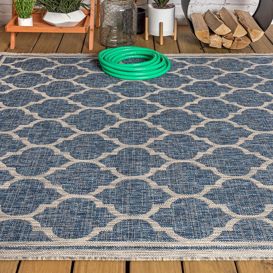 Eyely BMS109D-14 Santa Monica Trebol Moroccan Trellis Textured Weave, Pet Friendly, Non-Shedding, Stain Resistant, Easy-Cleaning, Navy/Gray, 10 ft. x 14 ft., Indoor/Outdoor, Area Rug