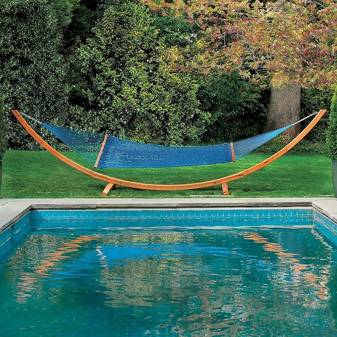 Hatteras Hammocks Deluxe Coastal Blue Duracord Rope Hammock with Free Extension Chains & Tree Hooks, Handcrafted in The USA, 450 LB Weight Capacity, 13 ft. x 60 in
