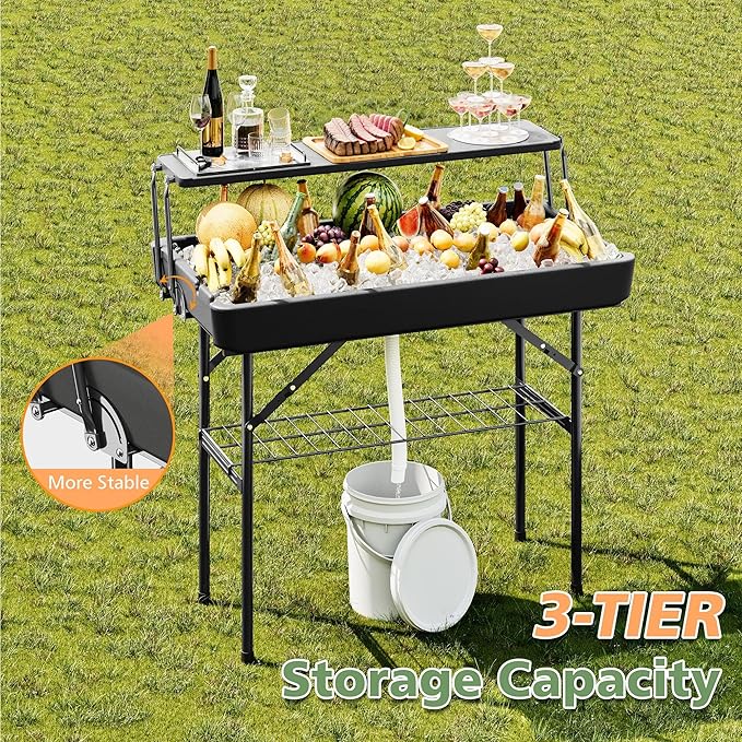 Outdoor Ice Cooler Folding Table with Extra Storage Shelf,Ice Tables for Parties with Drain,Cooler Server for Camping, Picnic, Wedding, BBQ, Black