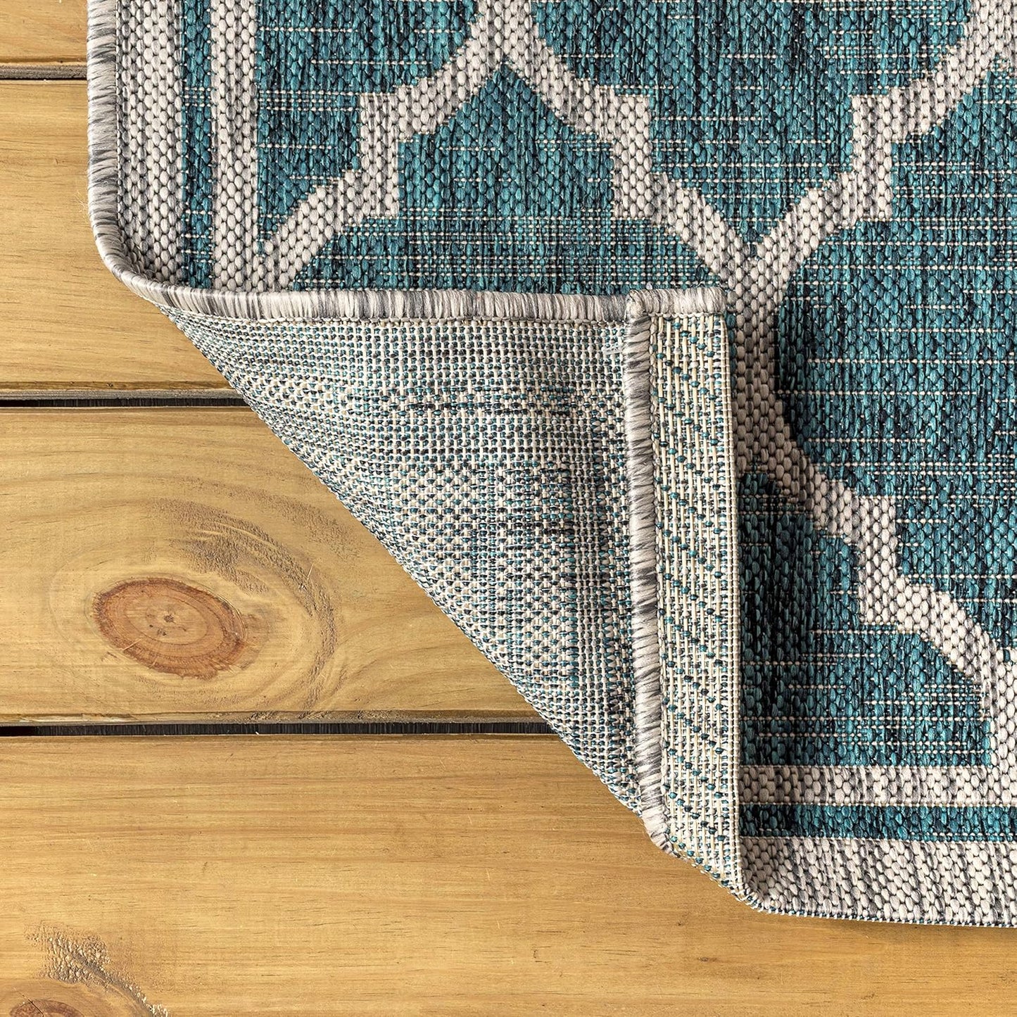 Eyely BMS109E-28 Santa Monica Trebol Moroccan Trellis Textured Weave Indoor/Outdoor Runner Rug Coastal;Bohemian, Bedroom, Backyard, Patio, Easy-Cleaning, Non-Shedding, 2 X 8, Teal/Gray