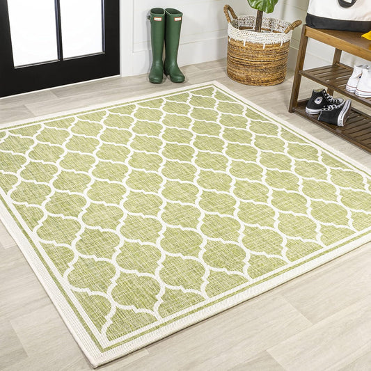 Eyely BMS109G-5SQ Santa Monica Trebol Moroccan Trellis Textured Weave Indoor/Outdoor Area Rug Coastal;Bohemian, Bedroom, Backyard, Patio, Easy-Cleaning, Non-Shedding, 5' Square, Green/Cream
