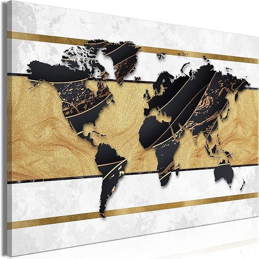 artgeist Textured Canvas Wall Art World Map 35x24 in - 1pcs Painting Canvas Prints Picture Artwork Image Framed Contemporary Modern Photo Wall Home Map Continent Black White k-A-0515-b-a