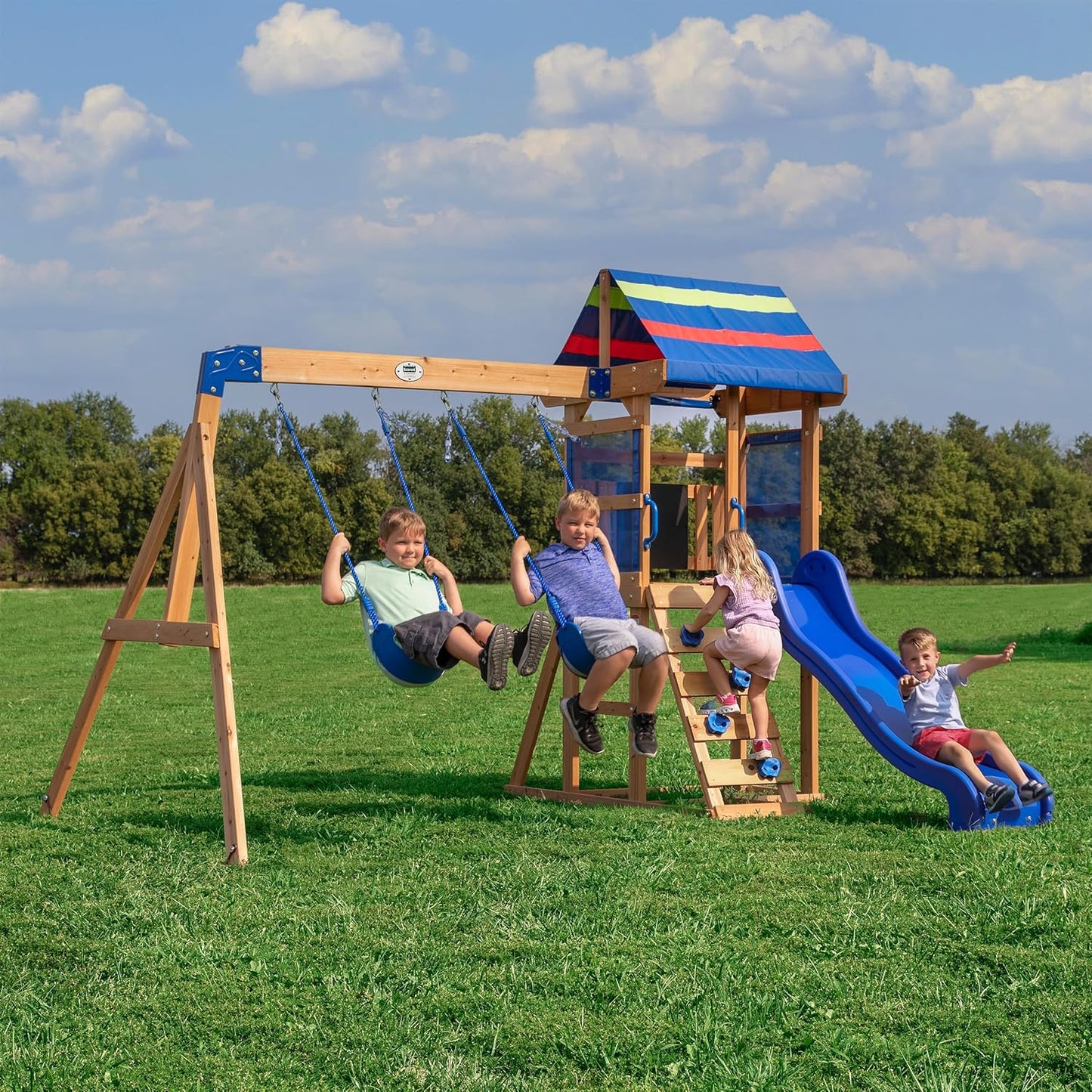Backyard Discovery Bay Pointe Cedar Wood Swing Set with Wave Slide, Play Deck, Rock Wall Ladder, Belt Swings, Chalkboard, Canopy Roof, Outdoor Playset