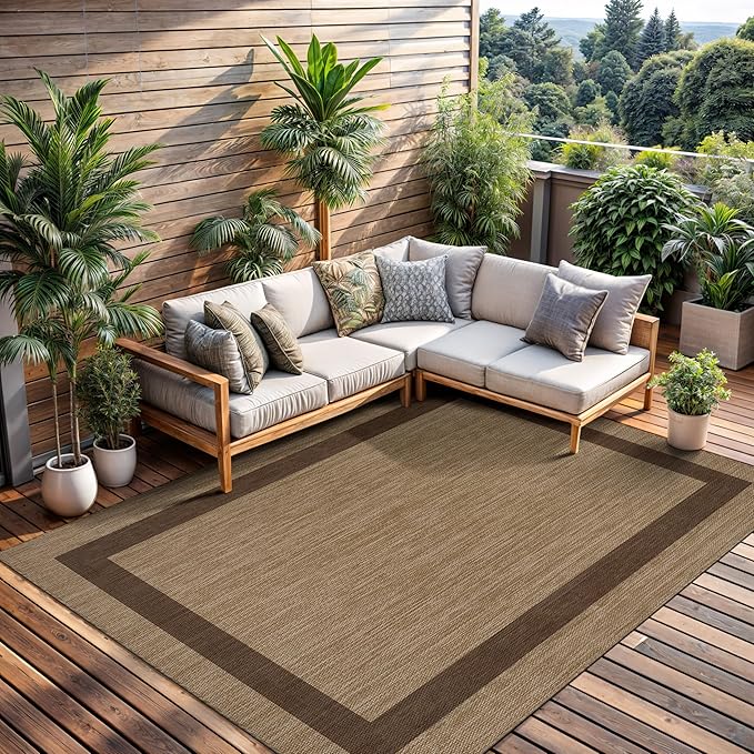 CAMILSON Outdoor Rug 8x10 - Modern Outside Rugs for Patios Porches Waterproof Durable Washable Non-Shedding, Easy-to-Clean Indoor Outdoor Area Carpet (8 x 10, Bordered - Jute)