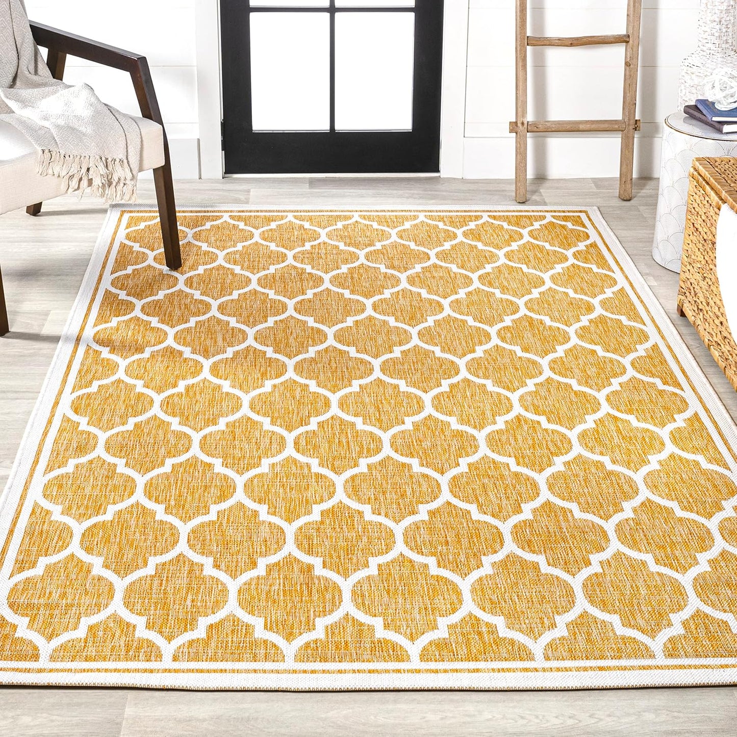 Eyely BMS109F-5 Santa Monica Trebol Moroccan Trellis Textured Weave Indoor/Outdoor Area Rug Coastal;Bohemian, Bedroom, Backyard, Patio, Easy-Cleaning, Non-Shedding, 5 X 8, Yellow/Cream