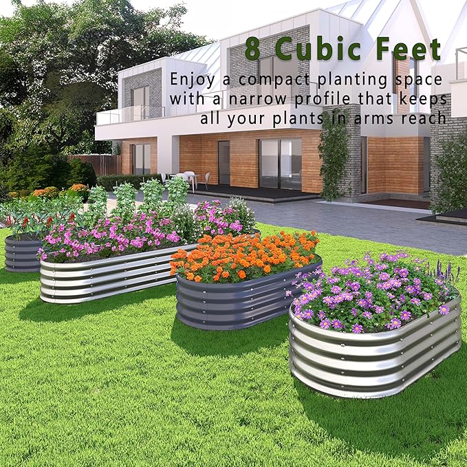 KFN 2PCS 4x1.8x1FT Galvanized Raised Garden Bed,Raised Garden Bed Kit-Oval Metal Vegetable Box,Large Planter Flower Boxes Outdoor,Planting for Vegetables,Flower,Herb,Sliver,0.7mm