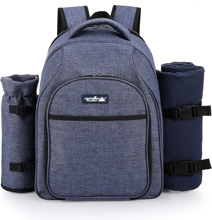 Apollo Walker Picnic Backpack Bag for 2 Person with Cooler Compartment, Detachable Bottle/Wine Holder, Fleece Blanket, Plates and Cutlery Set (2 Person, Navy)
