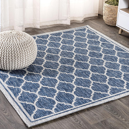 Eyely BMS109D-6SQ Santa Monica Trebol Moroccan Trellis Textured Weave, Pet Friendly, Non-Shedding, Stain Resistant, Easy-Cleaning, Navy/Gray, 6' Square, Indoor/Outdoor, Area Rug