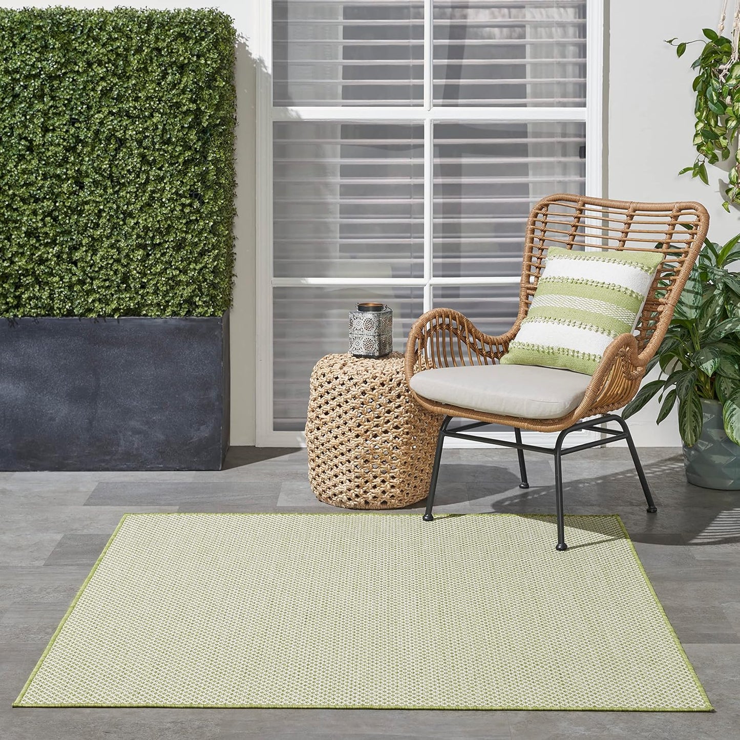 Nourison Home Courtyard Indoor/Outdoor Ivory Green 5' x Square Area Rug, Easy Cleaning, Non Shedding, Bed Room, Living Room, Dining Room, Backyard, Deck, Patio (5 Square)