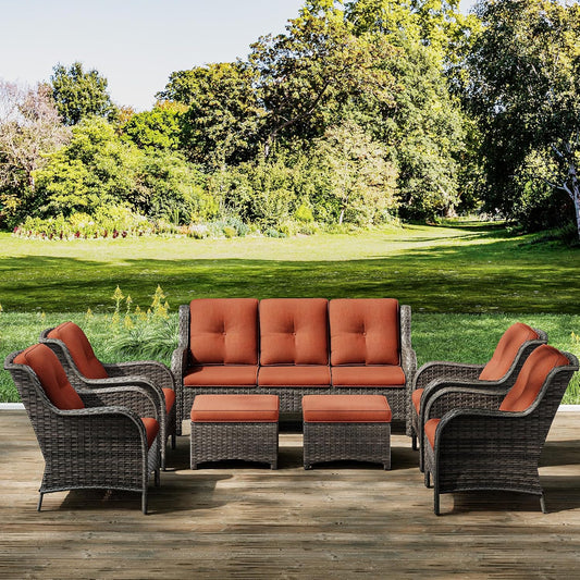 Joyside Wicker Patio Furniture Sets 7 Piece Set with One 3-Seat Sofa, Four Armchairs, Two Ottomans, Wicker Outdoor Furniture Sectional Conversation Set(Mixed Grey/Orange)