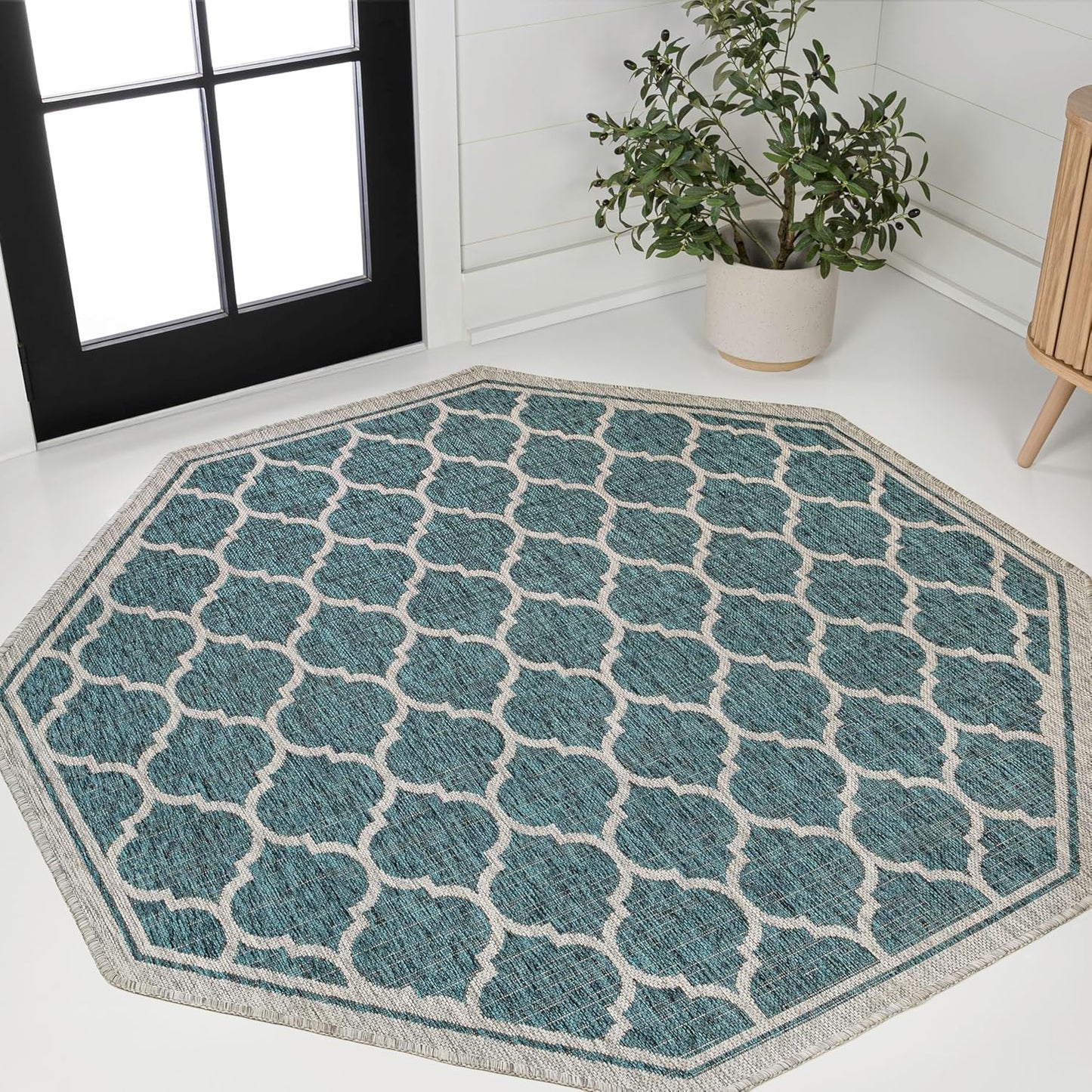 Eyely BMS109E-8TGN Trebol Moroccan Trellis Textured Weave Teal/Gray 8' Octagon Indoor/Outdoor Area Rug, Teal/Gray, 8' Octagon, Indoor/Outdoor, Area Rug