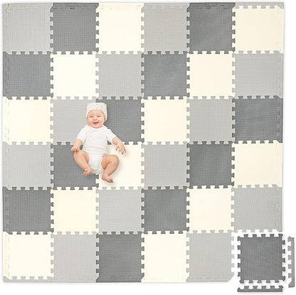 Play Platoon Non-Toxic Foam Puzzle Floor Mat, Comfortable, Extra Thick, Cushiony Play Mat for Toddlers, Kids & Adults, 36 Tiles (12"x12"), Square, Grey/Cream/Charcoal