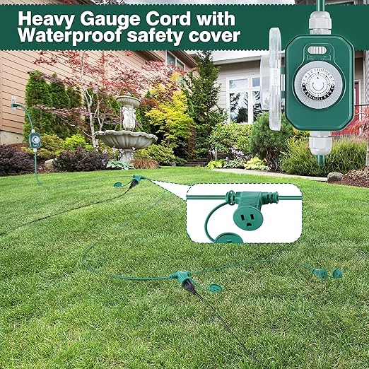 Feekoon 20 FT Extension Cord Splitter with Timer and 3 Outlet Plug, 16awg SJTW Outdoor Extension Cord with Multi Outlet Safety Cover for Holiday Lights Garden Patio Christmas Outdoor Decorations