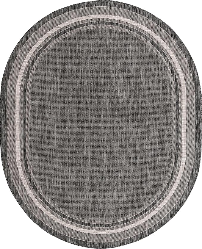 Unique Loom Outdoor Border Collection Area Rug - Soft Border (7' 10" x 10' Oval, Black/ Ivory)