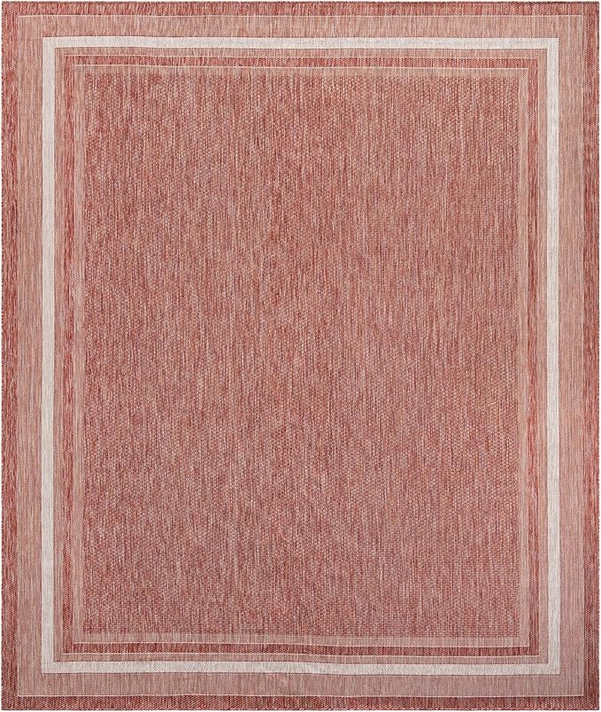 Unique Loom Outdoor Border Collection Area Rug - Soft Border (10' x 13' 1" Rectangle Rust Red/Ivory)